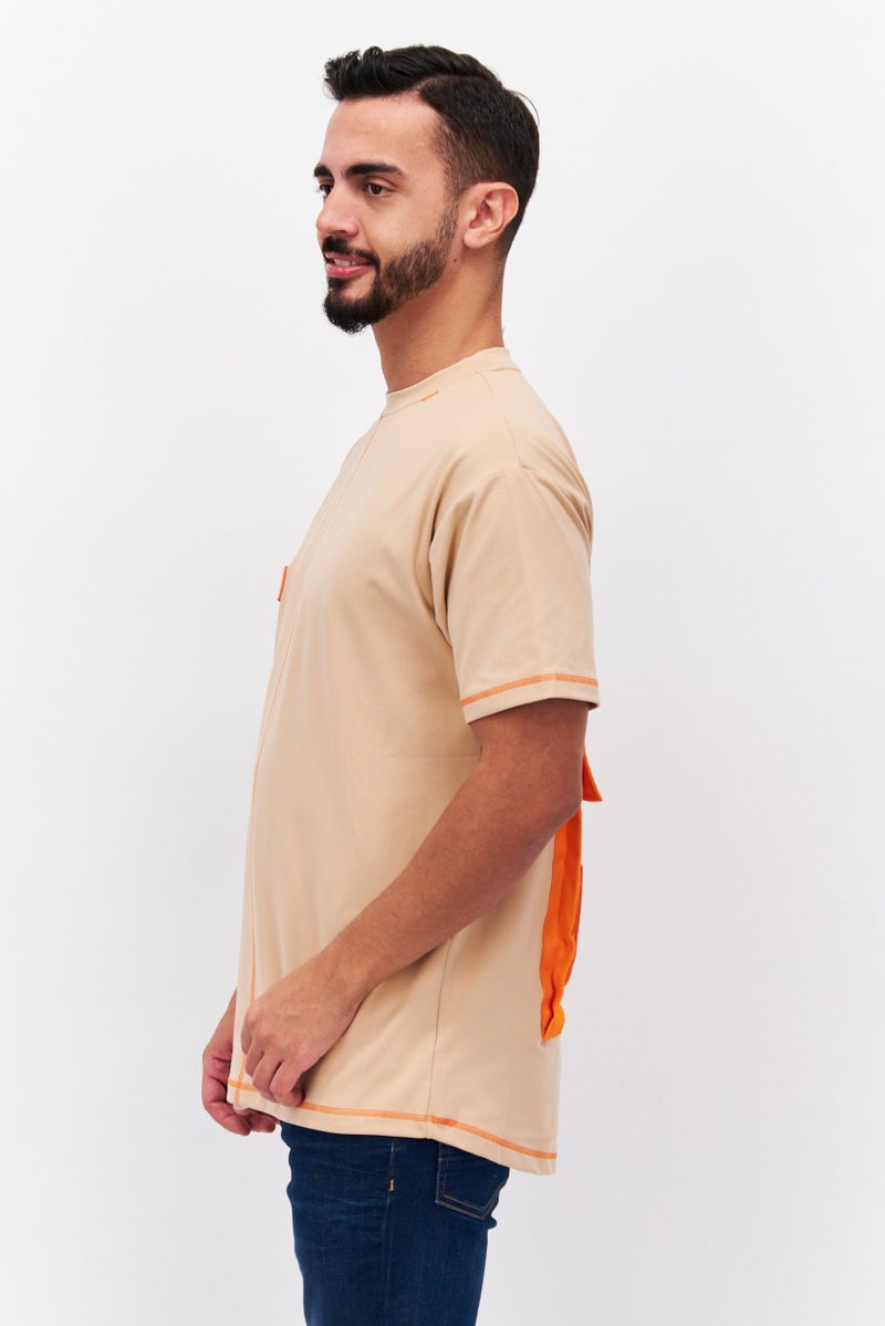 TRIBE OF 6 Men Crew Neck Short Sleeve Embroidered Logo T-Shirt, Tan - Image 4